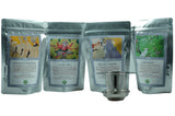 A variety of loose-leaf teas for sale with an infuser included